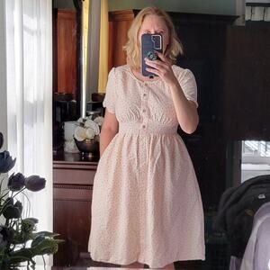 Polgram Ditsy Dress Peach Brown Polkadot Fits Small, Short Sleeve, Modest Dress